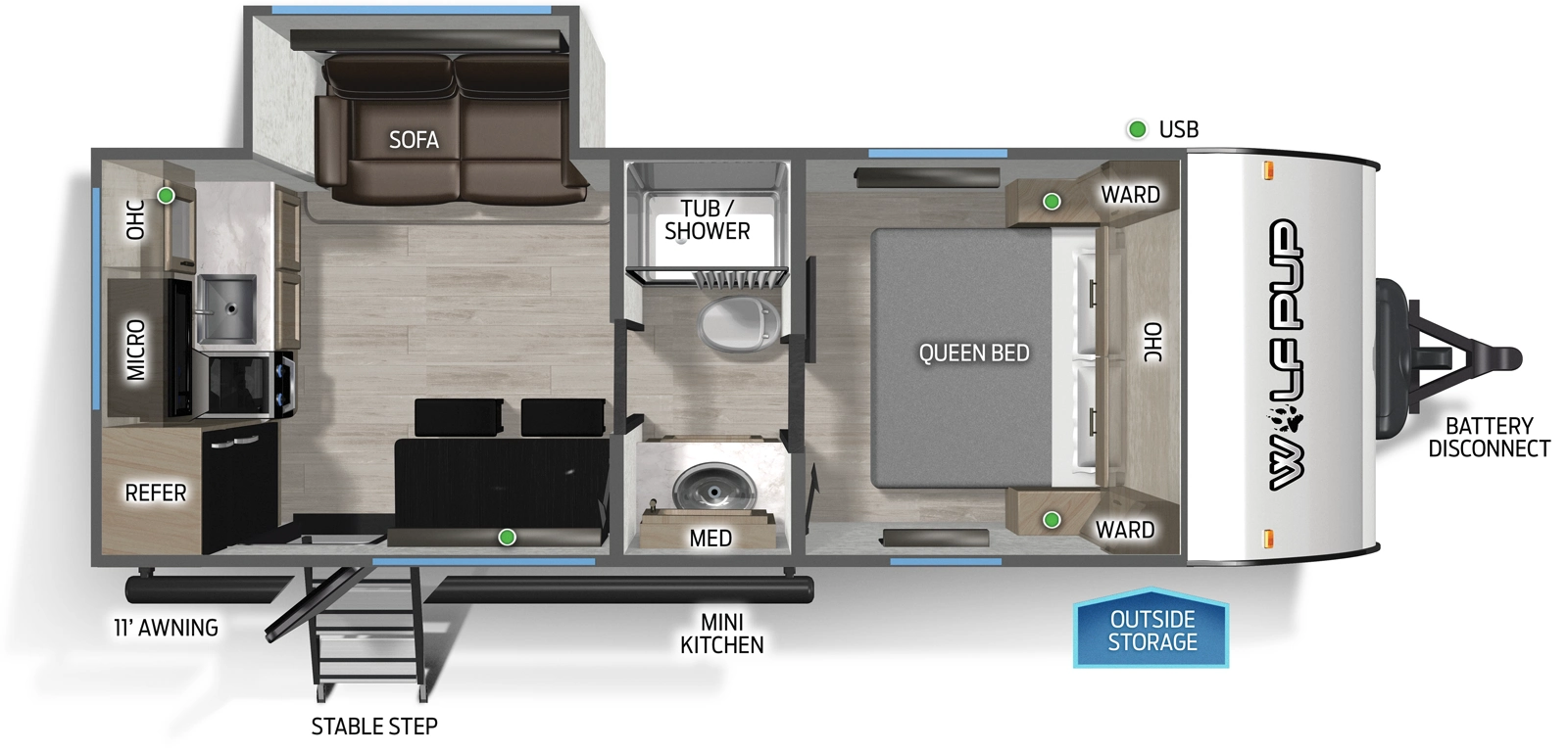 The Wolf Pup 17SC floorplan has one entry and one slide out. Exterior features include: metal exterior, 11' awning and outside kitchen. Interiors features include: rear kitchen, front bedroom and pass through bathroom.